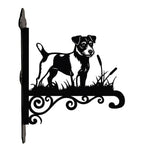 Jack russell terrier metal hanging basket bracket mounted on outdoor wall for plant decoration