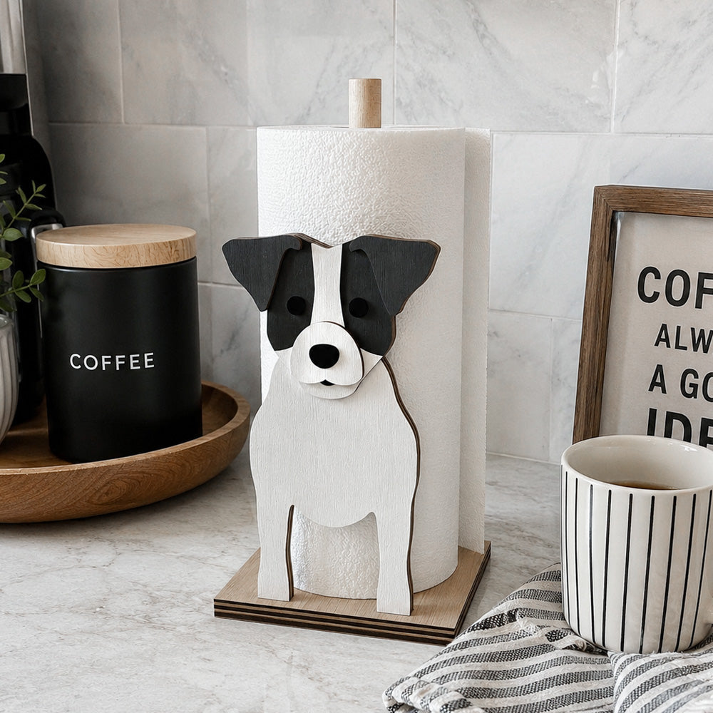 Jack Russell Terrier Wooden Dog Paper Towel Holder displayed on a kitchen countertop with a freestanding paper towel roll