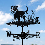 Jack russell terrier metal weather vane with directional arrows and mounting rod, outdoor roof and garden decoration