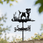 Jack russell terrier metal weather vane with directional arrows and mounting rod, outdoor roof and garden decoration