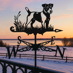 Jack russell terrier metal weather vane with directional arrows and mounting rod, outdoor roof and garden decoration