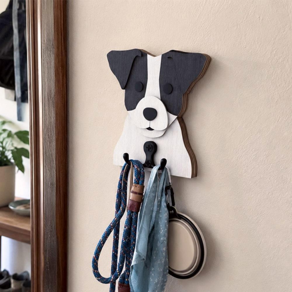 Wooden jack russell dog wall hook key and leash holder for home entryway organizer