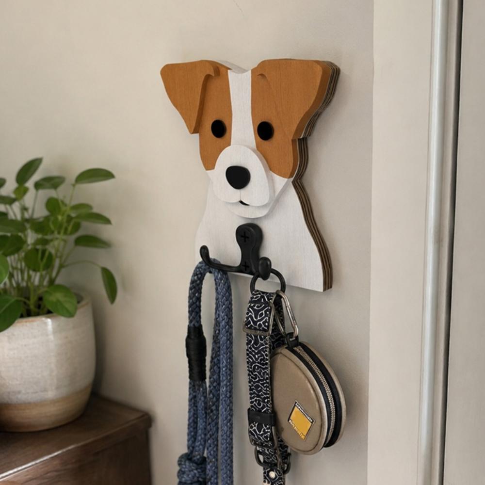 Wooden jack russell dog wall hook key and leash holder for home entryway organizer