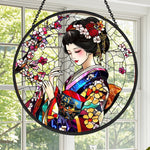 Japanese geisha stained glass suncatcher window hanging, suitable for home and garden decoration
