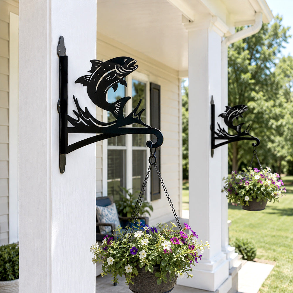 Fish metal hanging basket bracket mounted on outdoor wall for plant decoration