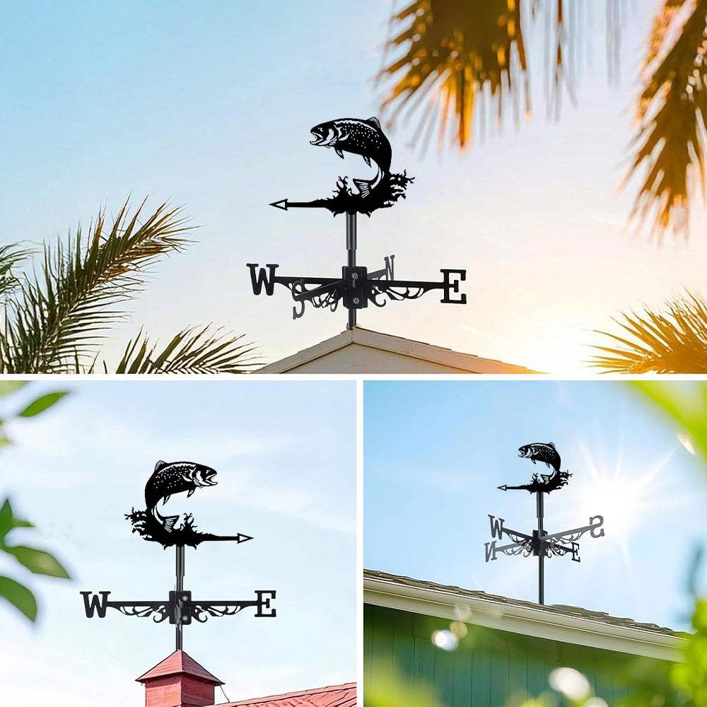 Jumping salmon metal weather vane with directional arrows and mounting rod, outdoor roof and garden decoration