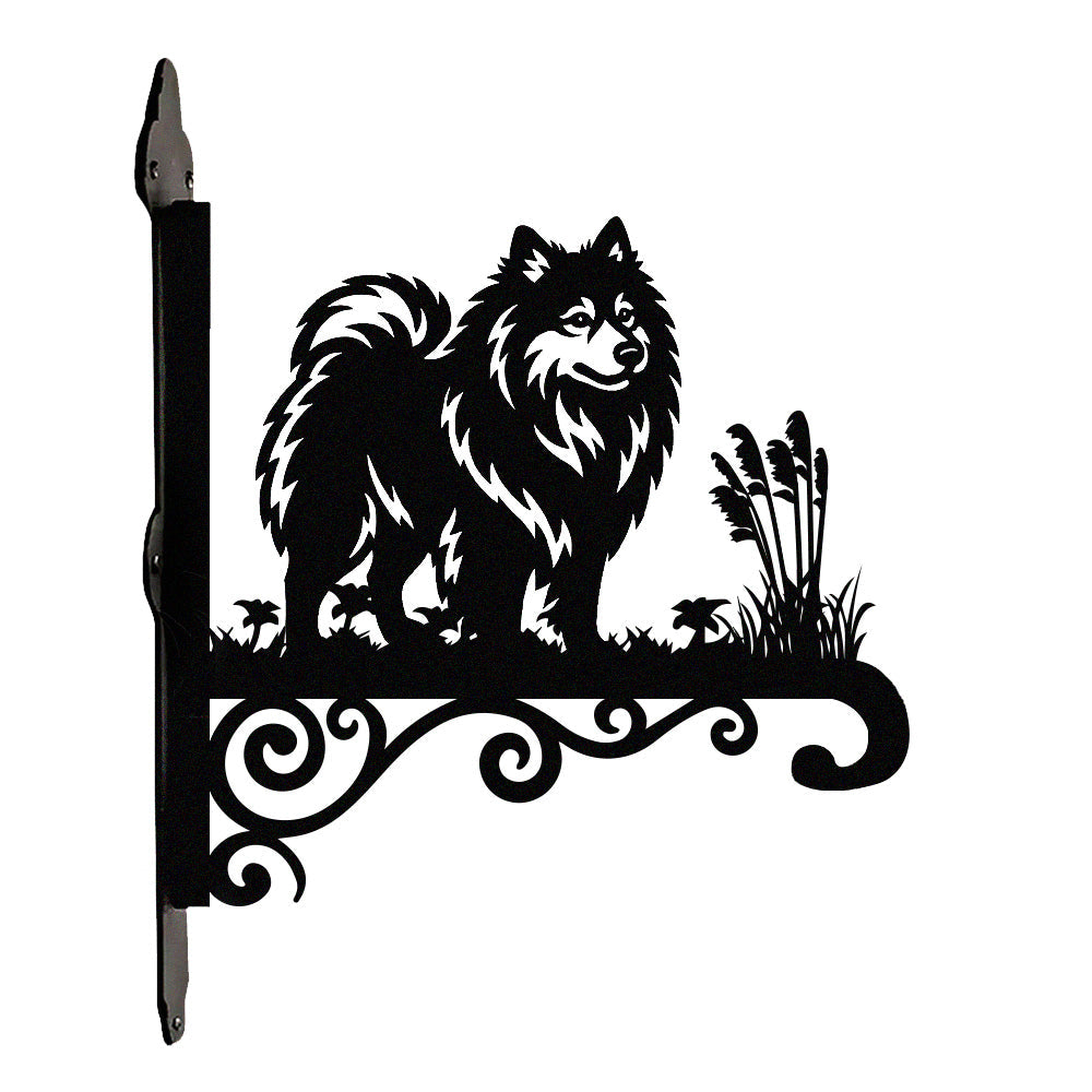 Keeshond metal hanging basket bracket mounted on outdoor wall for plant decoration