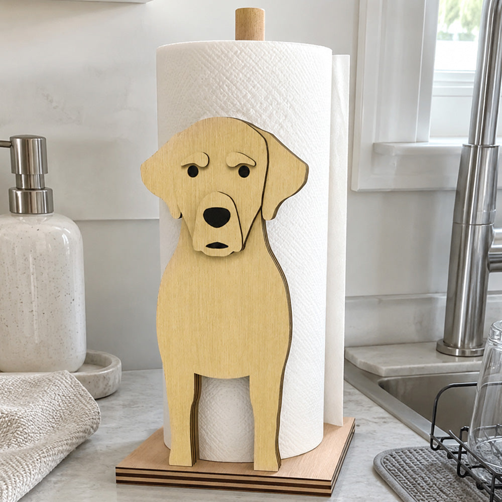 Labrador Wooden Dog Paper Towel Holder displayed on a kitchen countertop with a freestanding paper towel roll