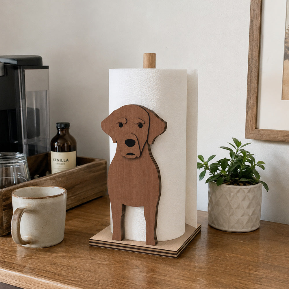 Labrador Wooden Dog Paper Towel Holder displayed on a kitchen countertop with a freestanding paper towel roll