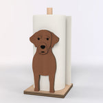 Labrador Wooden Dog Paper Towel Holder displayed on a kitchen countertop with a freestanding paper towel roll
