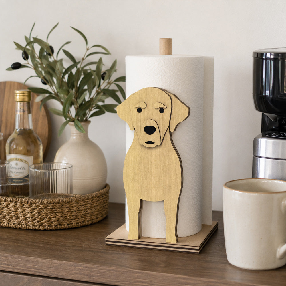 Labrador Wooden Dog Paper Towel Holder displayed on a kitchen countertop with a freestanding paper towel roll