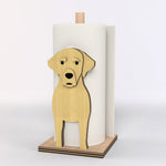 Labrador Wooden Dog Paper Towel Holder displayed on a kitchen countertop with a freestanding paper towel roll