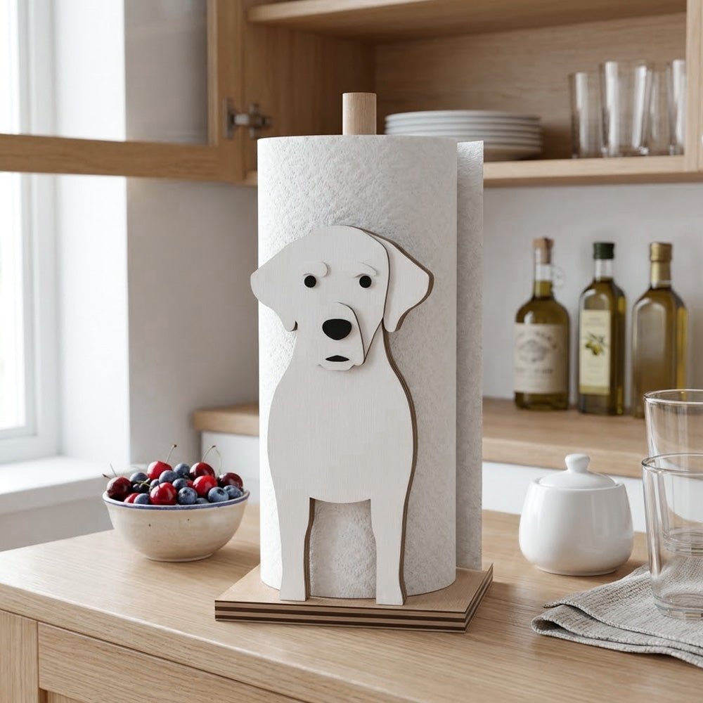 Labrador Wooden Dog Paper Towel Holder displayed on a kitchen countertop with a freestanding paper towel roll