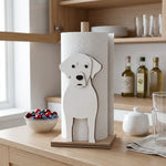 Labrador Wooden Dog Paper Towel Holder displayed on a kitchen countertop with a freestanding paper towel roll