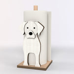 Labrador Wooden Dog Paper Towel Holder displayed on a kitchen countertop with a freestanding paper towel roll