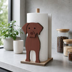 Labrador Wooden Dog Paper Towel Holder displayed on a kitchen countertop with a freestanding paper towel roll
