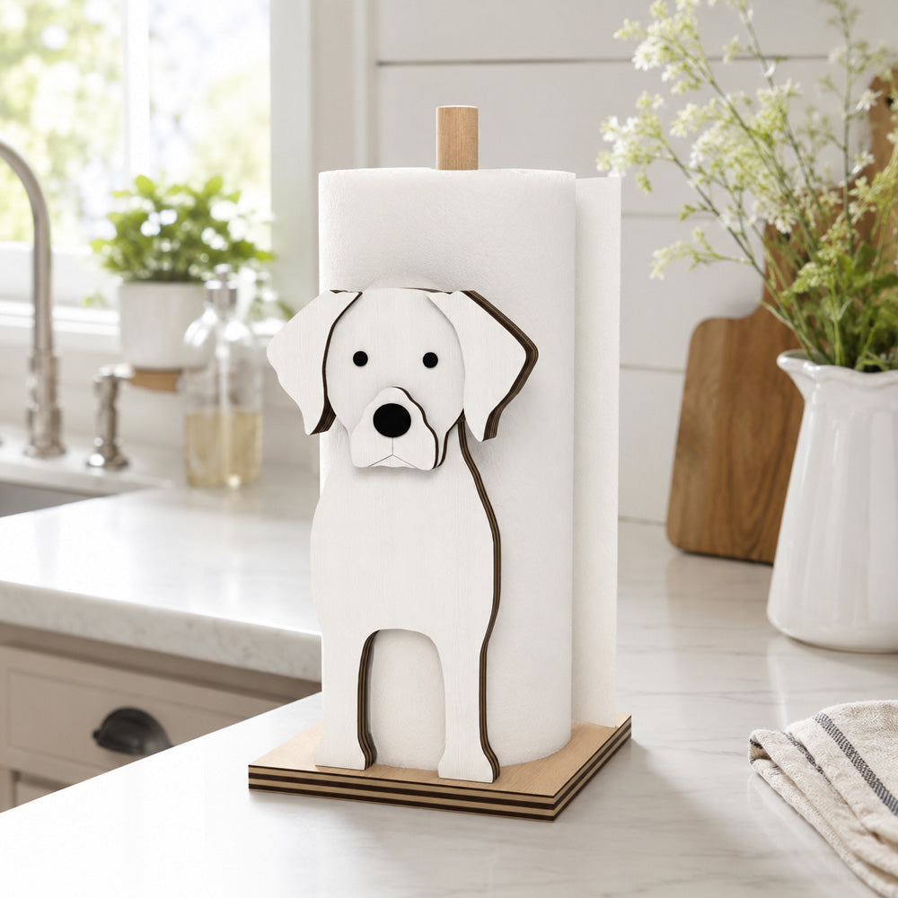 Labrador Wooden Dog Paper Towel Holder displayed on a kitchen countertop with a freestanding paper towel roll