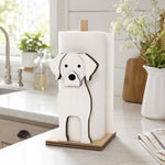 Labrador Wooden Dog Paper Towel Holder displayed on a kitchen countertop with a freestanding paper towel roll