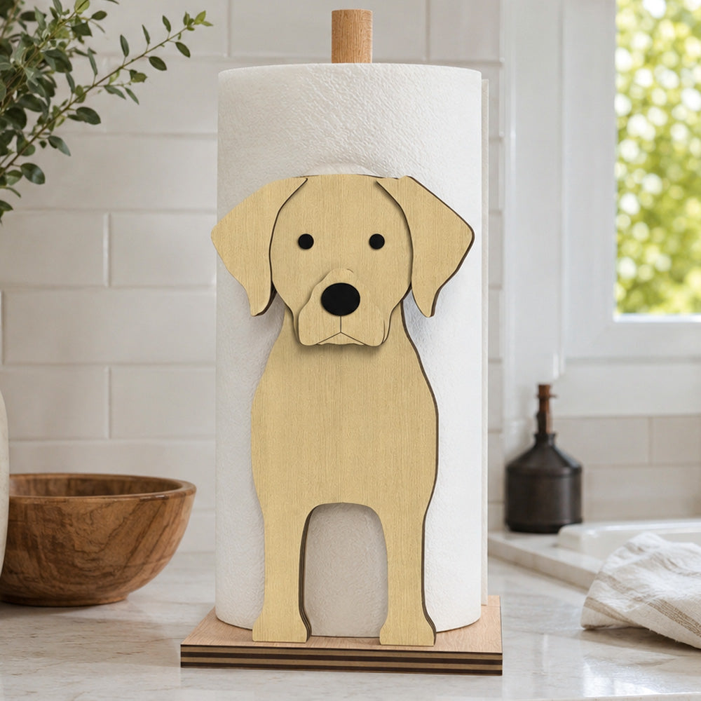 Labrador Wooden Dog Paper Towel Holder displayed on a kitchen countertop with a freestanding paper towel roll