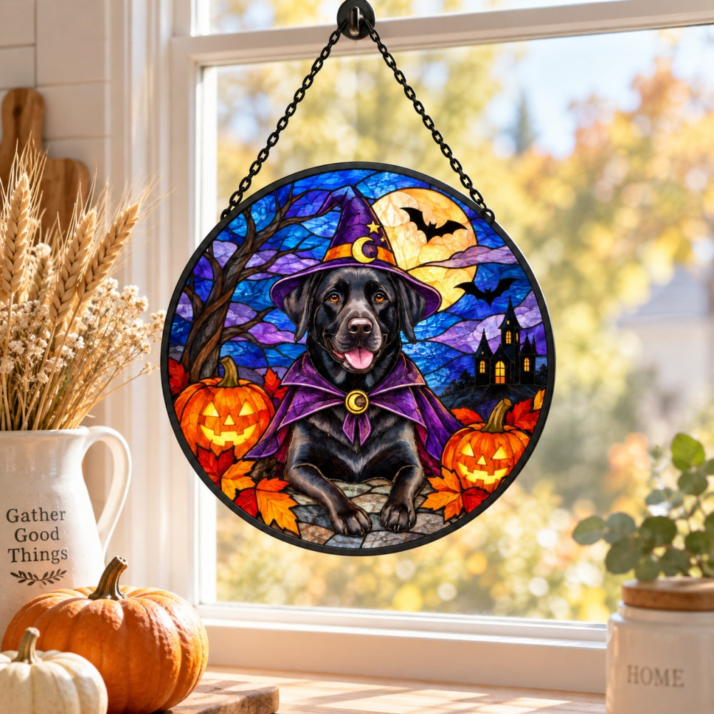 Labrador Retriever Halloween stained glass suncatcher window hanging, suitable for home and garden decoration