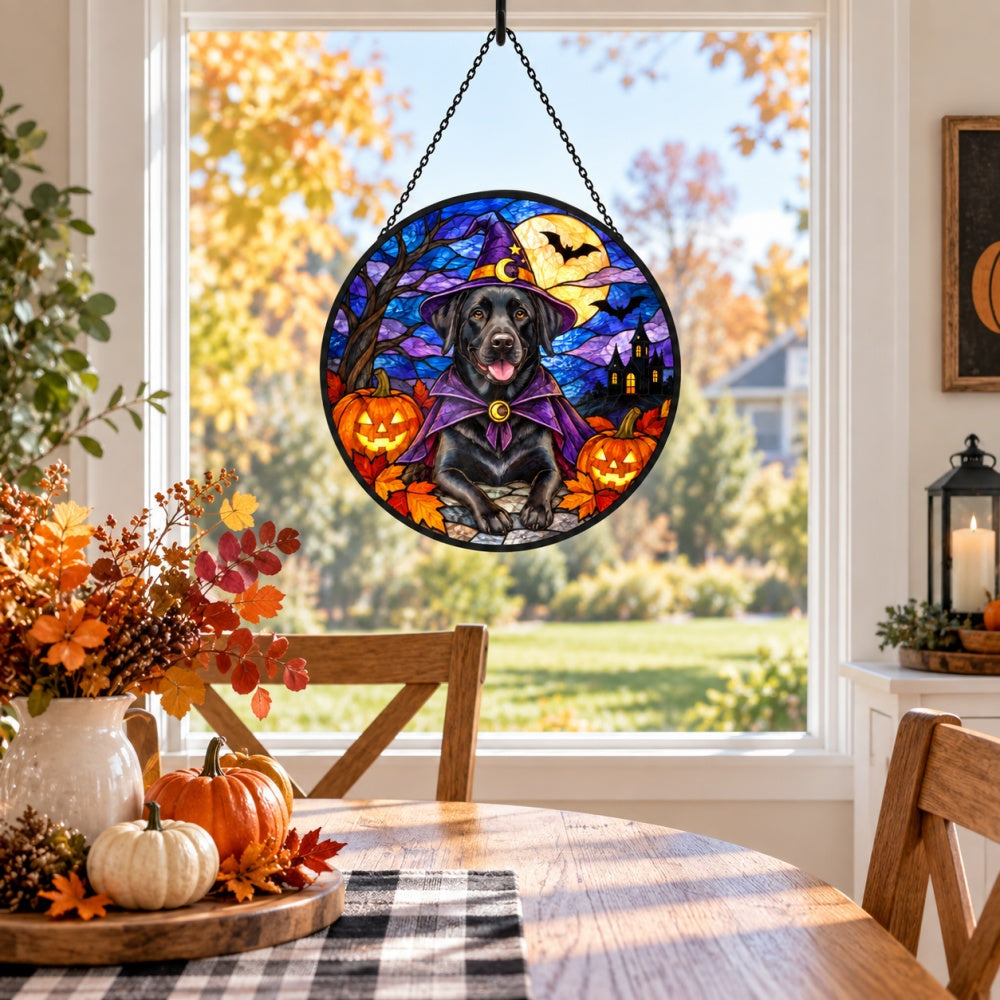 Labrador Retriever Halloween stained glass suncatcher window hanging, suitable for home and garden decoration