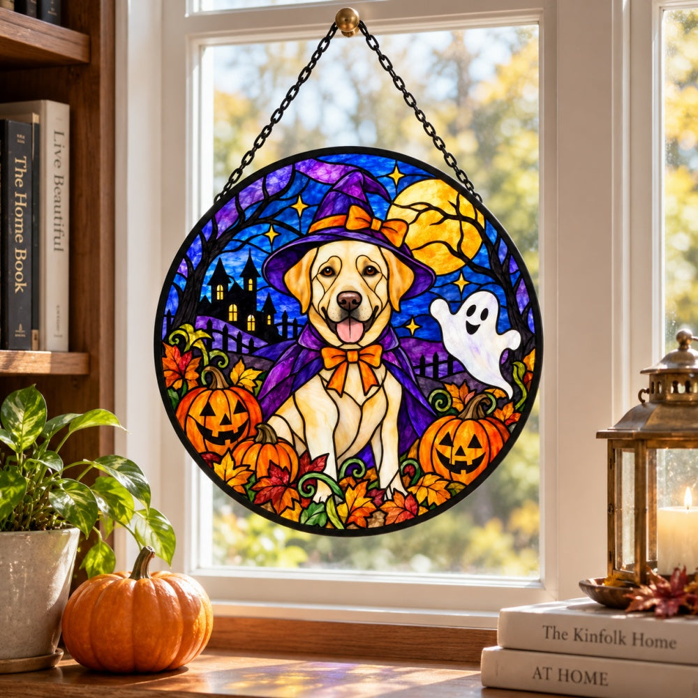 Labrador Retriever Halloween stained glass suncatcher window hanging, suitable for home and garden decoration