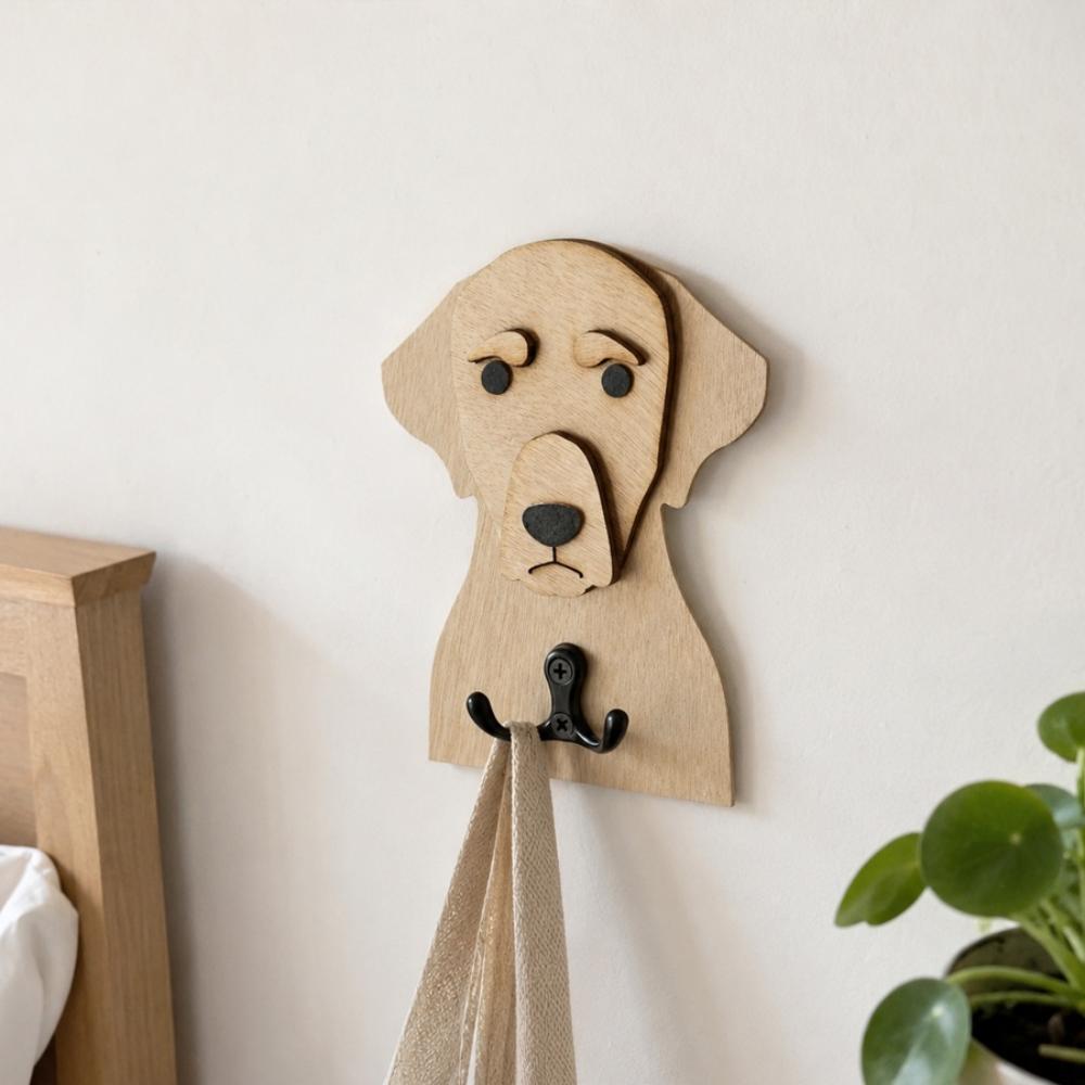 Wooden labrador dog wall hook key and leash holder for home entryway organizer