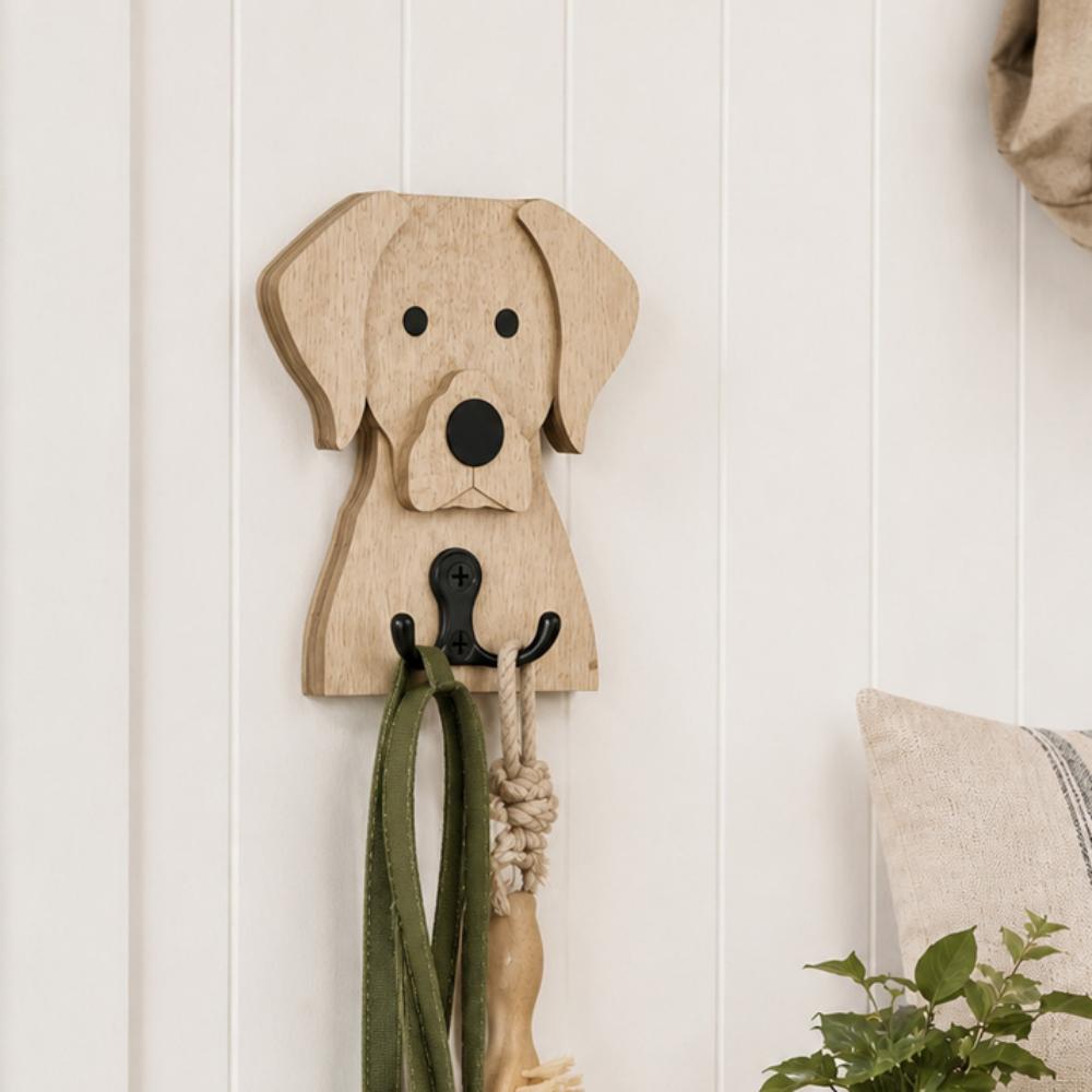 Wooden labrador dog wall hook key and leash holder for home entryway