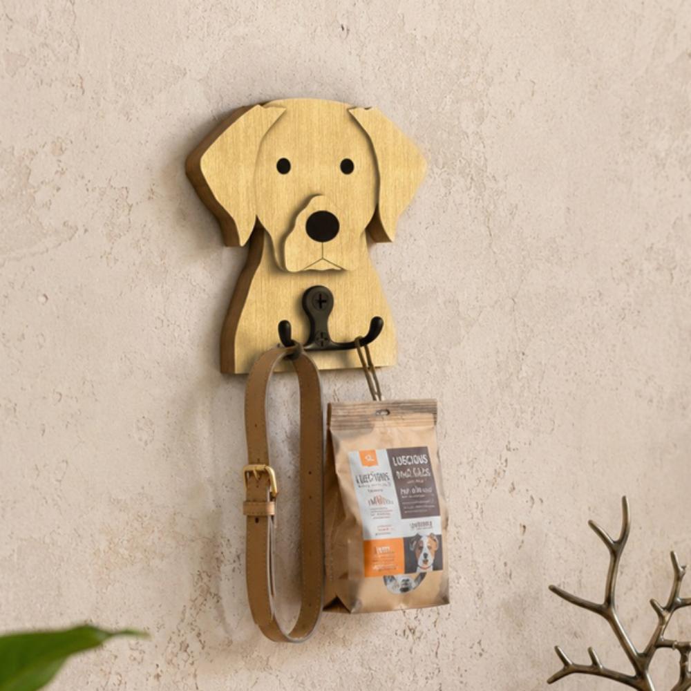 Wooden labrador dog wall hook key and leash holder for home entryway organizer