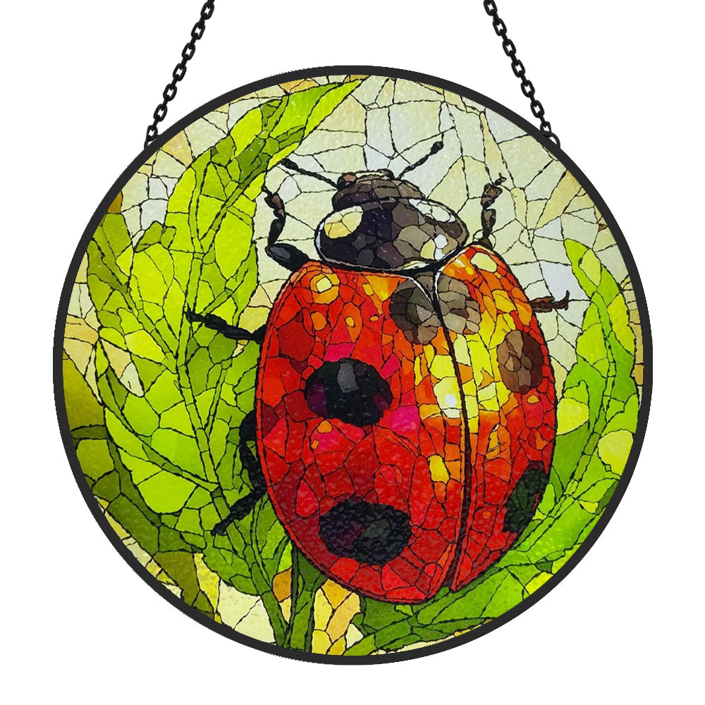 Ladybug on green leaves stained glass suncatcher window hanging, suitable for home and garden decoration