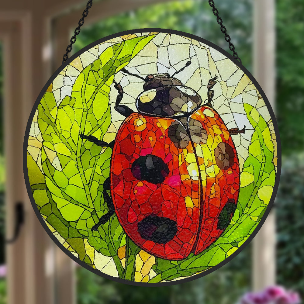Ladybug on green leaves stained glass suncatcher window hanging, suitable for home and garden decoration