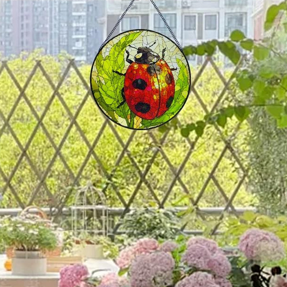 Ladybug on green leaves stained glass suncatcher window hanging, suitable for home and garden decoration