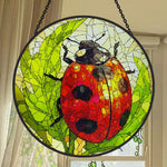 Ladybug on green leaves stained glass suncatcher window hanging, suitable for home and garden decoration