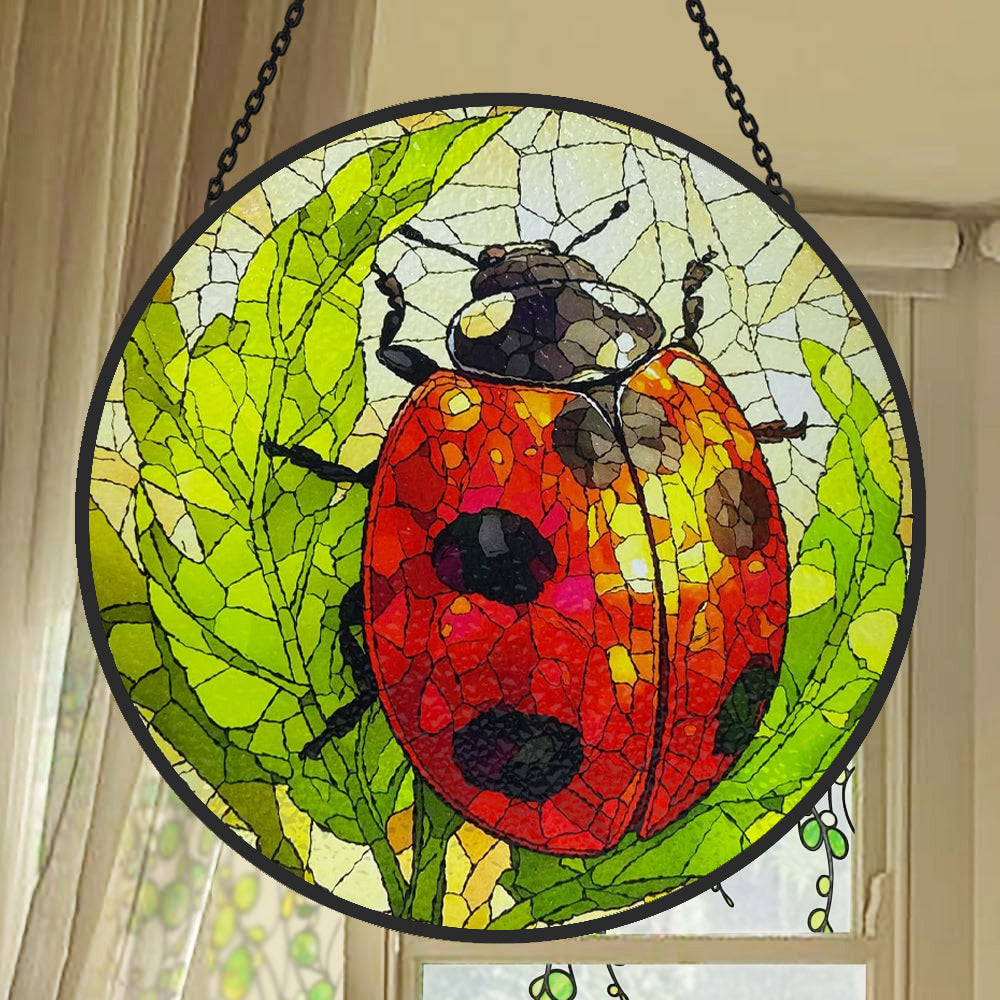 Ladybug on green leaves stained glass suncatcher window hanging, suitable for home and garden decoration