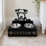Personalized lakeland terrier metal dog bowl stand with custom name cutout and two removable feeding bowls