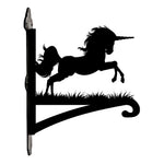 Leaping unicorn metal hanging basket bracket mounted on outdoor wall for plant decoration
