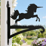 Leaping unicorn metal hanging basket bracket mounted on outdoor wall for plant decoration