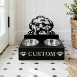 Personalized lhasa apso metal dog bowl stand with custom name cutout and two removable feeding bowls