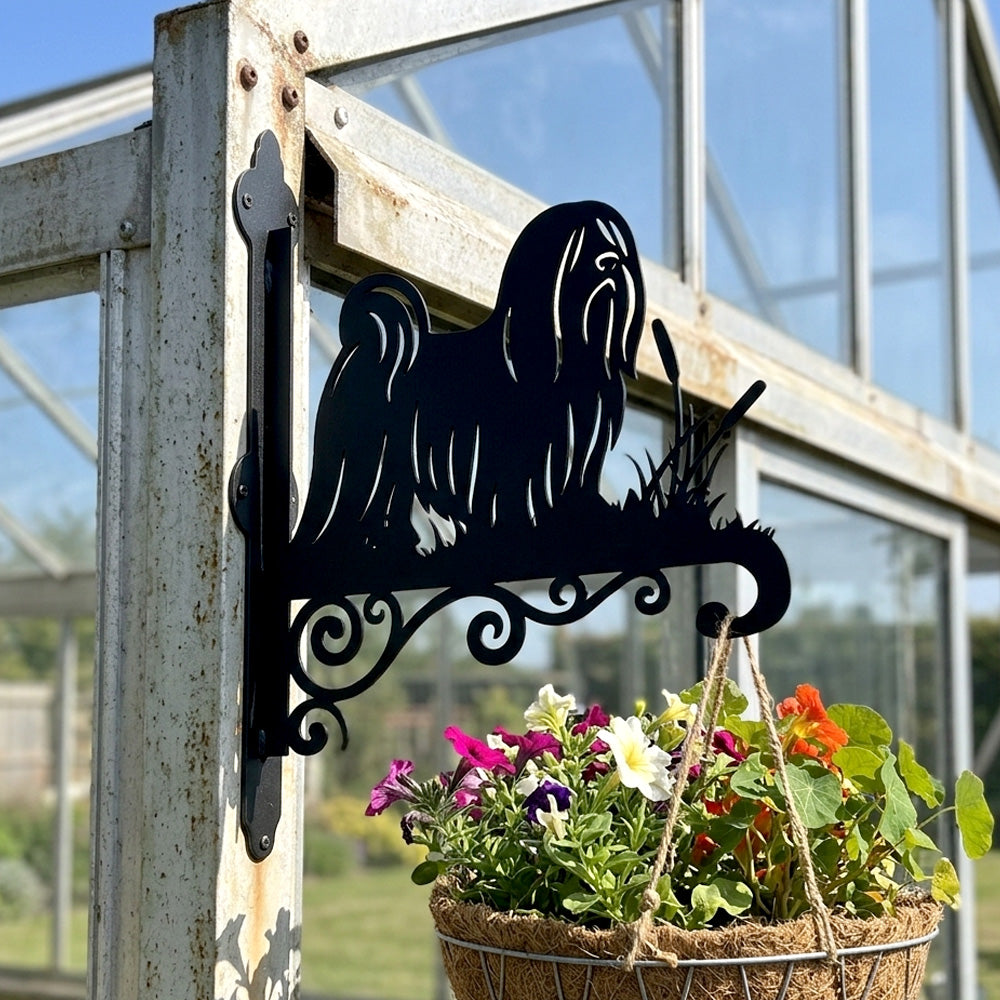 Lhasa apso metal hanging basket bracket mounted on outdoor wall for plant decoration