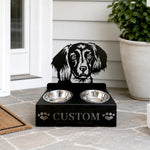 Personalized long haired dachshund metal dog bowl stand with custom name cutout and two removable feeding bowls