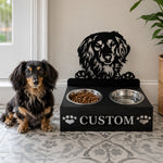 Personalized long haired dachshund metal dog bowl stand with custom name cutout and two removable feeding bowls