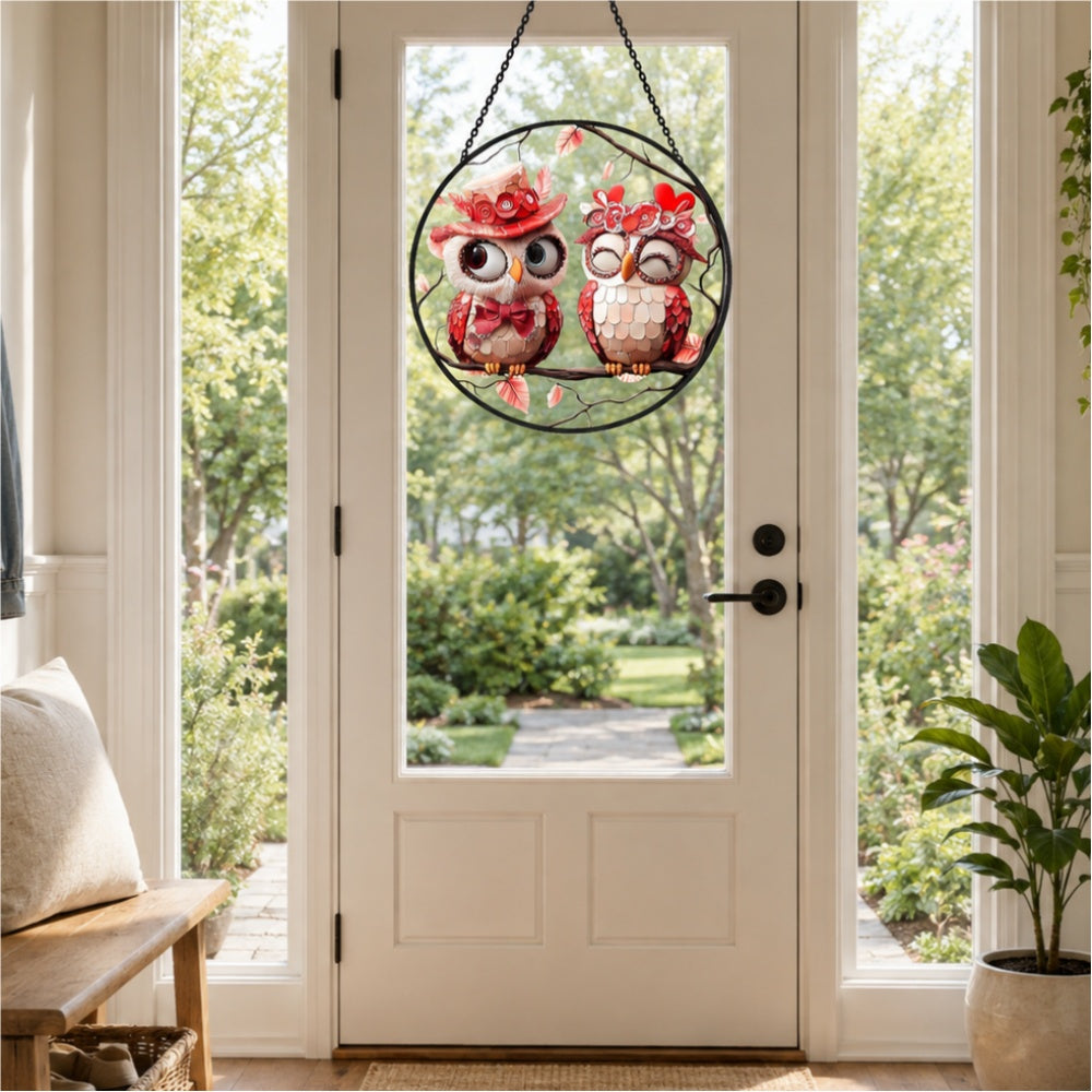 Love owl couple stained glass suncatcher window hanging, suitable for home and garden decoration