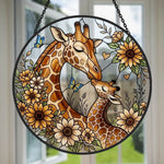 Loving giraffe mother and calf stained glass suncatcher window hanging, suitable for home and garden decoration