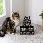Personalized maine coon cat metal cat bowl stand with custom name cutout and two removable feeding bowls