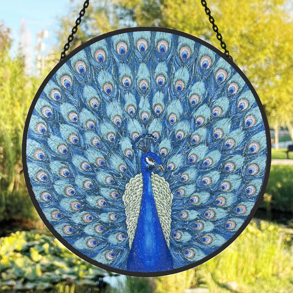 Majestic peacock stained glass suncatcher window hanging, suitable for home and garden decoration