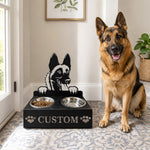Personalized malinois dog metal dog bowl stand with custom name cutout and two removable feeding bowls