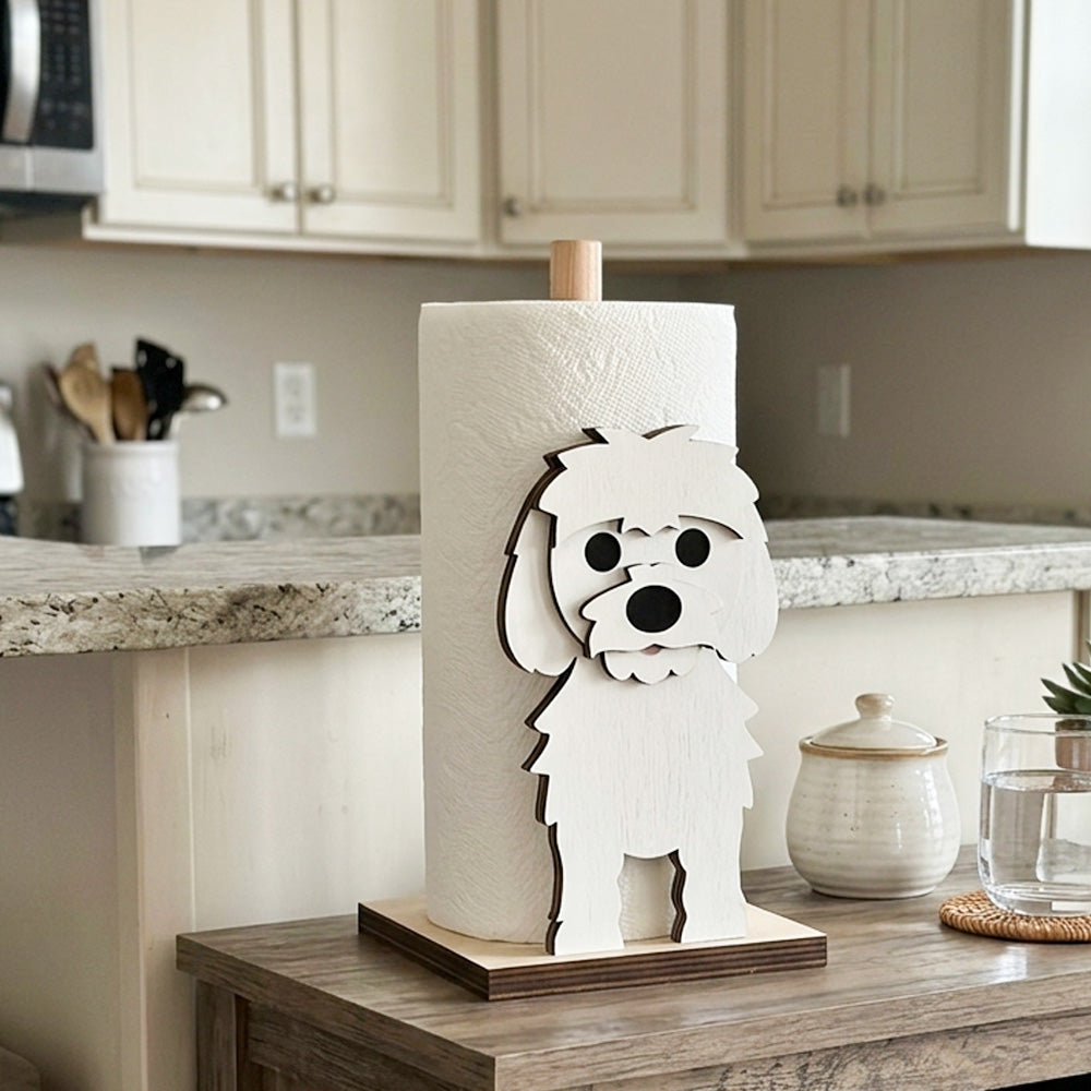 Maltese Wooden Dog Paper Towel Holder displayed on a kitchen countertop with a freestanding paper towel roll