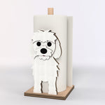 Maltese Wooden Dog Paper Towel Holder displayed on a kitchen countertop with a freestanding paper towel roll
