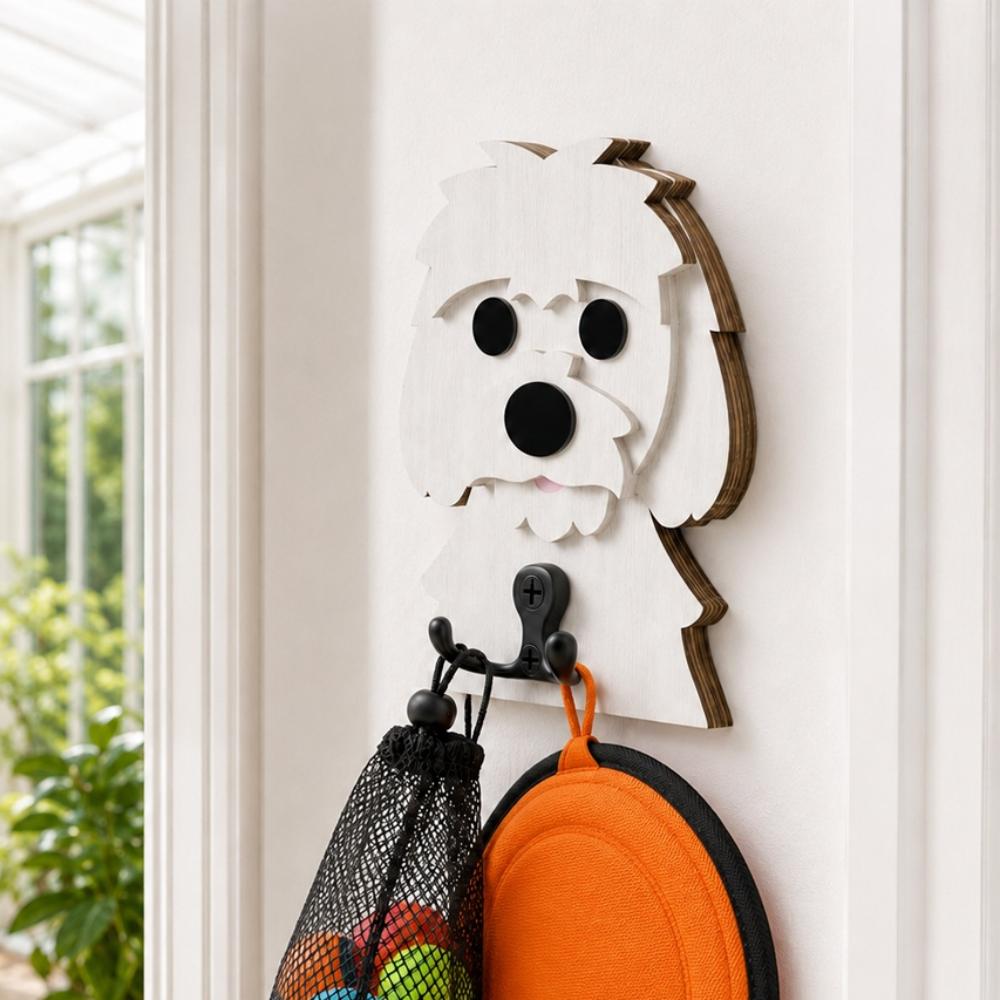 Wooden maltese dog wall hook key and leash holder for home entryway organizer