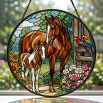 Mare and foal with parrots stained glass suncatcher window hanging, suitable for home and garden decoration